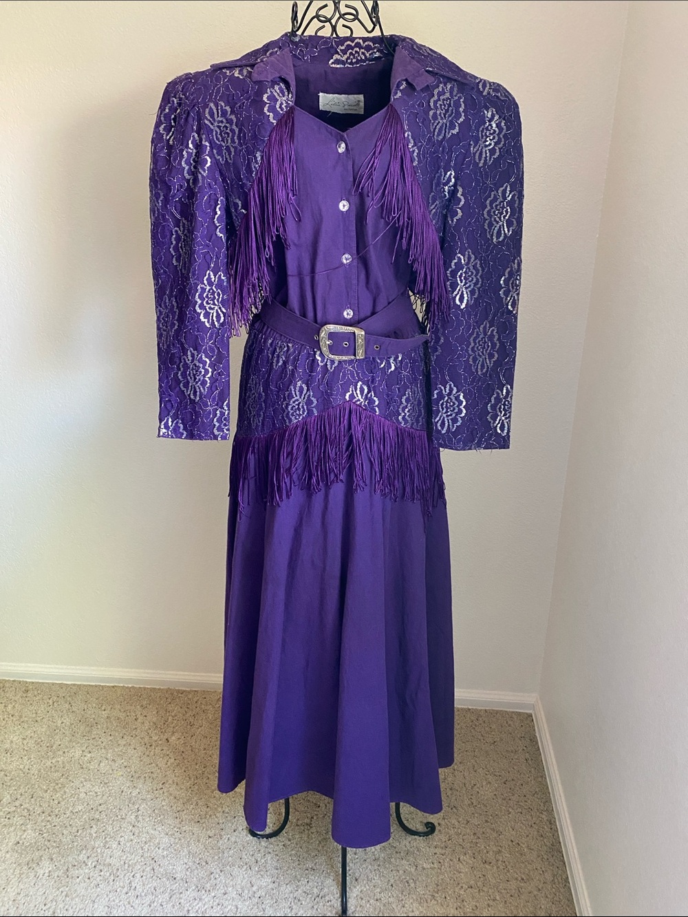 Vintage 1980 Western Purple Lace Fringe Button-Front Dress